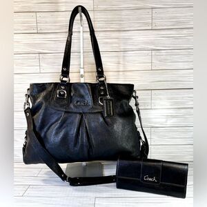 032-Coach:F15513 Ashley Black Pebbled Leather Satchel Carryall & Wallet Set